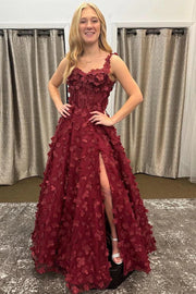 3D Floral Sweetheart Straps A-Line Empire Leg Slit Party Prom Dress