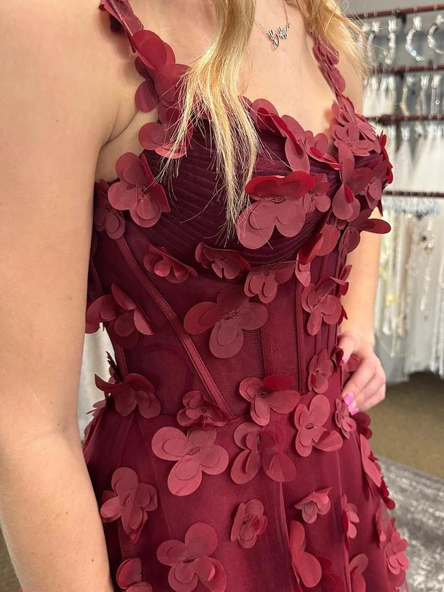 3D Floral Sweetheart Straps A-Line Empire Leg Slit Party Prom Dress
