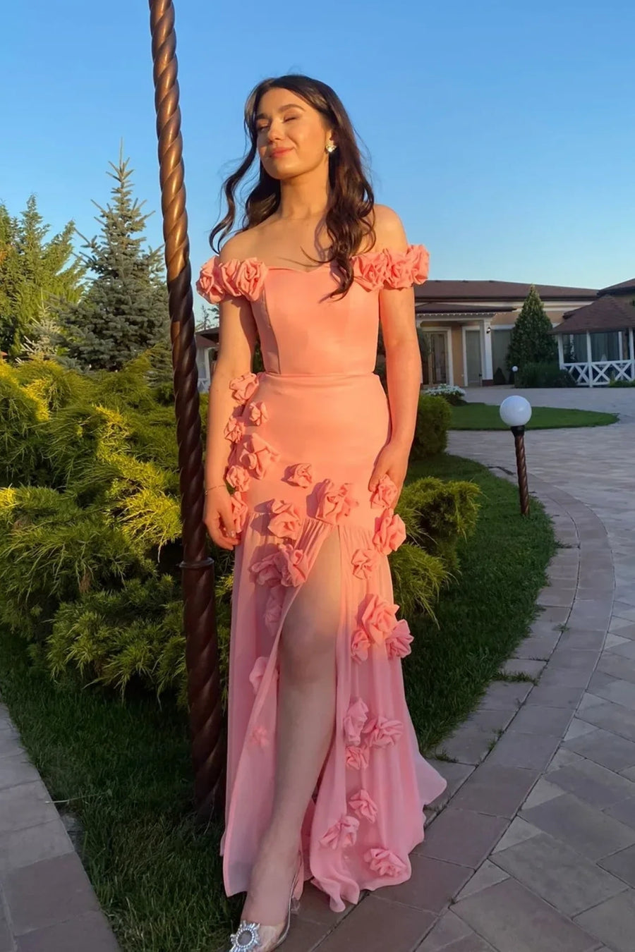 3D Florals Off-Shoulder Empire A-Line Party Prom Dress With Slit 