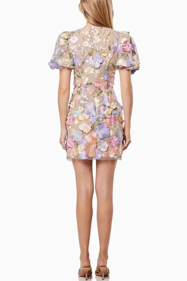 3D Florals V-Neck Short Sleeves Empire Mini Party Homecoming Dress