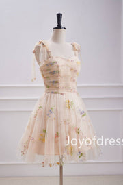 Champagne Floral Embroidered A-Line Short Homecoming Dress