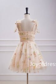 Champagne Floral Embroidered A-Line Short Homecoming Dress