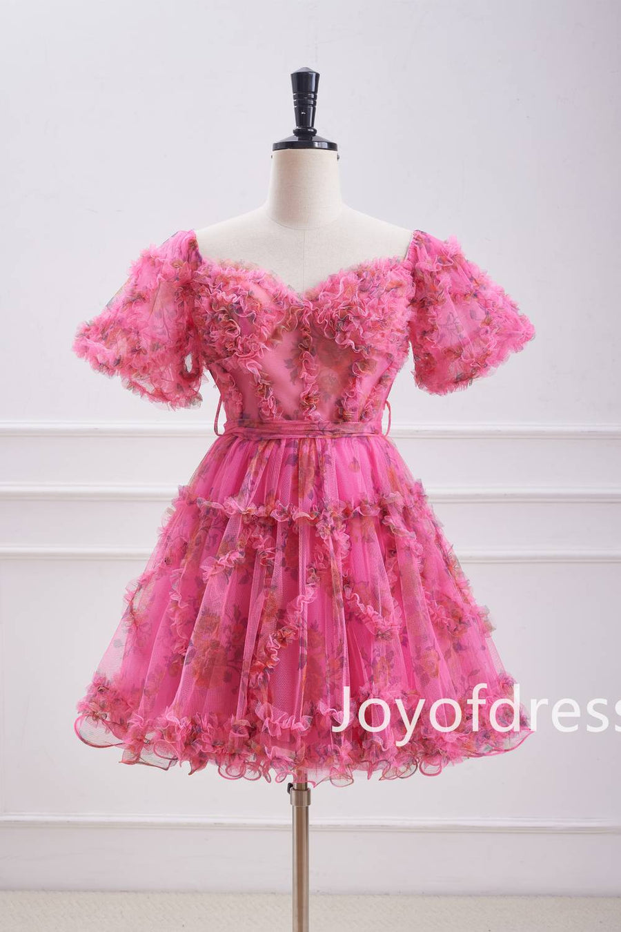 Hot Pink Ballon Sleeves Corset Floral Short Dress