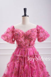 Hot Pink Ballon Sleeves Corset Floral Short Dress