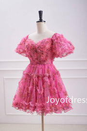 Hot Pink Ballon Sleeves Corset Floral Short Dress