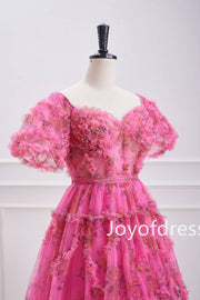 Hot Pink Ballon Sleeves Corset Floral Short Dress