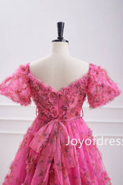 Hot Pink Ballon Sleeves Corset Floral Short Dress