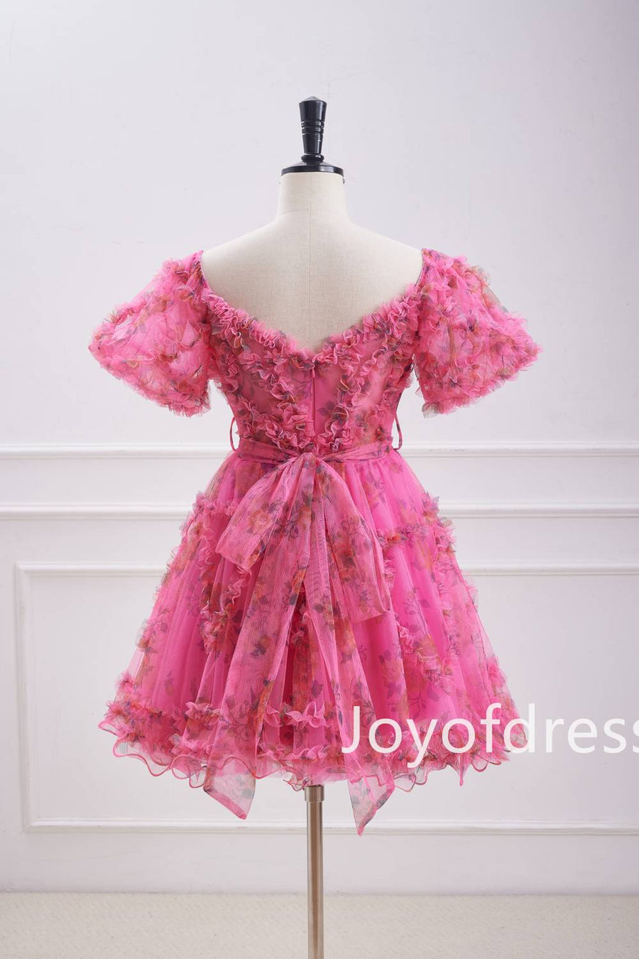 Hot Pink Ballon Sleeves Corset Floral Short Dress