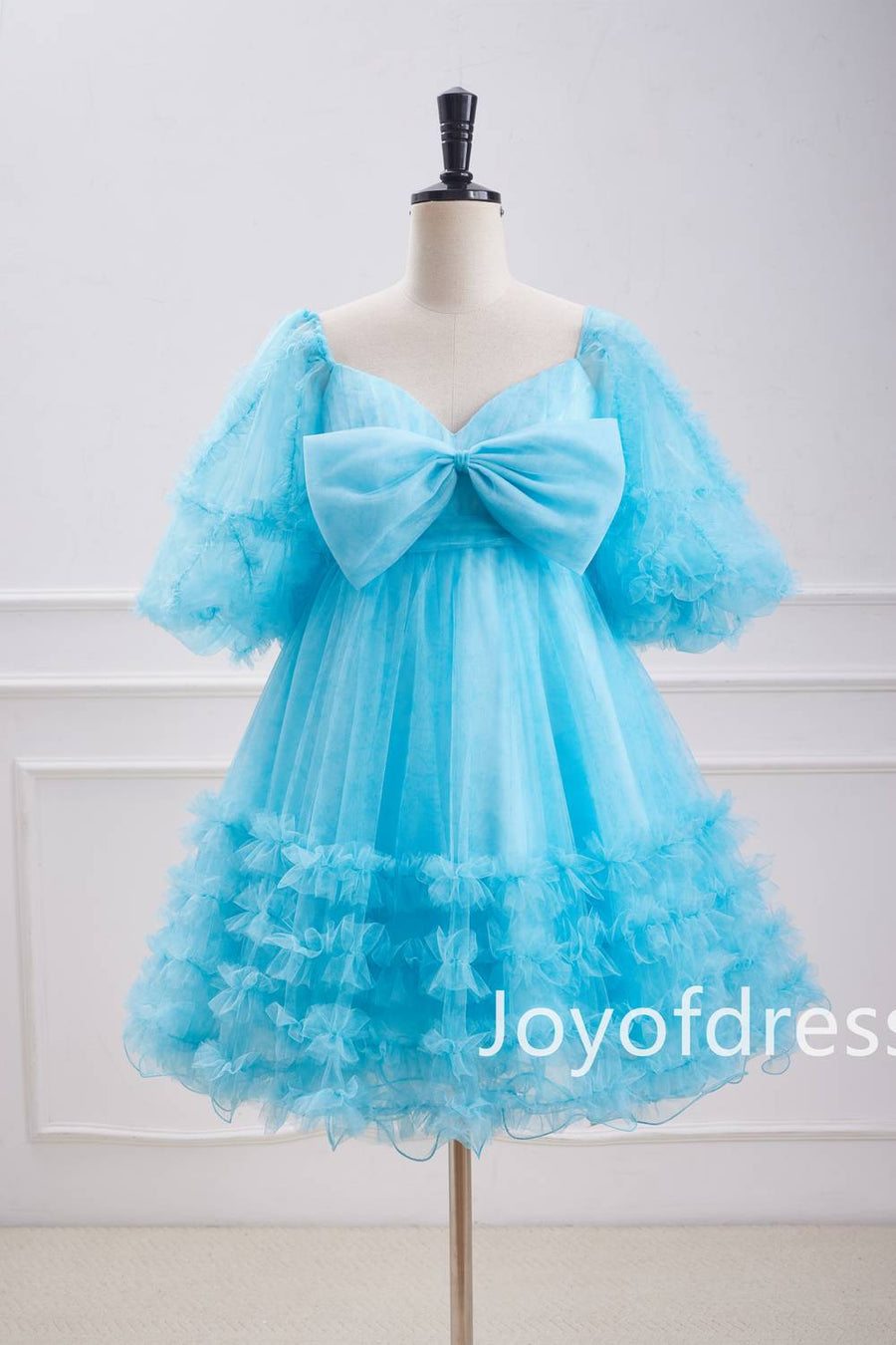 Cute Blue Floral Print Ruffle Short Homecoming Dress with Bow Blue / US 8 Cute Blue Floral Print Ruffle Short Homecoming Dress with Bow Blue / US 8