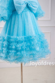 Cute Blue Floral Print Ruffle Short Homecoming Dress with Bow