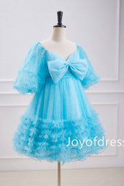 Cute Blue Floral Print Ruffle Short Homecoming Dress with Bow