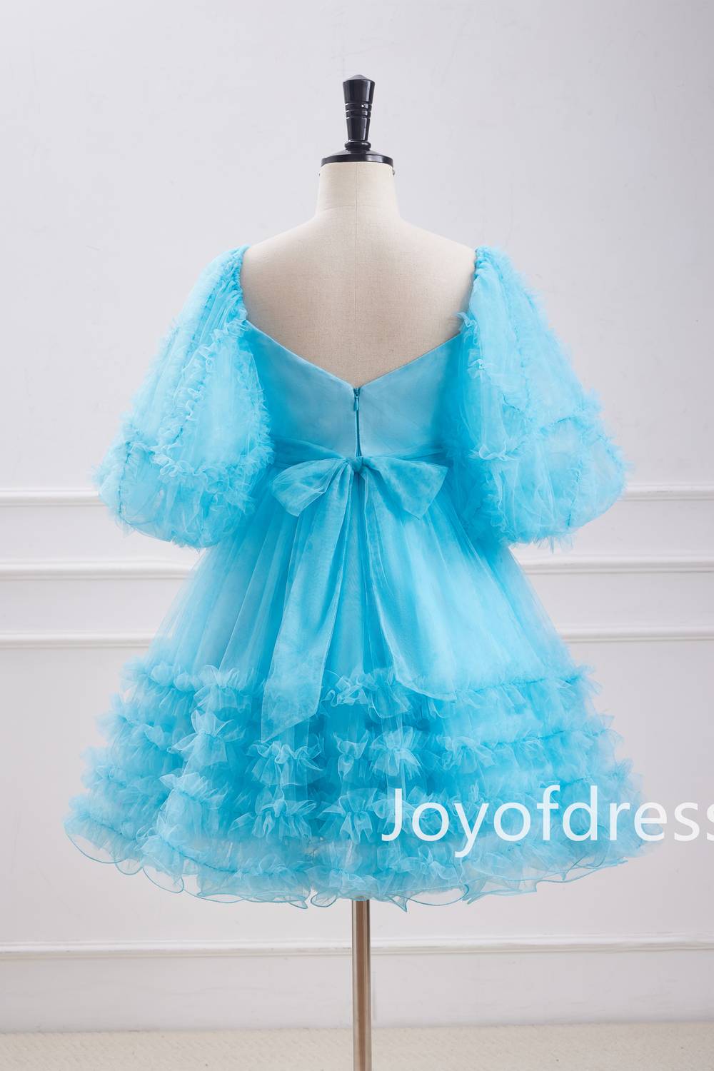 Cute Blue Floral Print Ruffle Short Homecoming Dress with Bow Blue / US 8 Cute Blue Floral Print Ruffle Short Homecoming Dress with Bow Blue / US 8