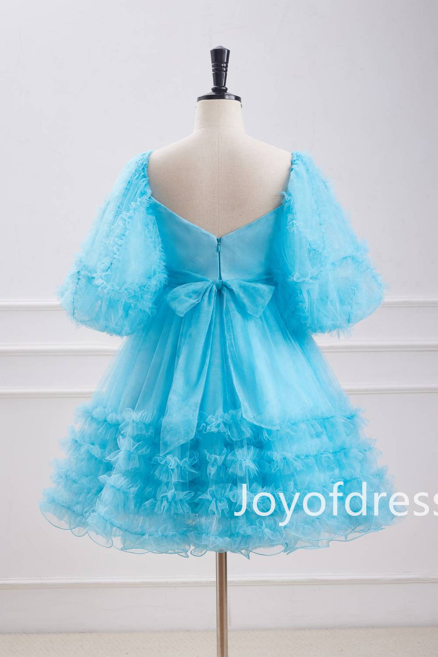 Cute Blue Floral Print Ruffle Short Homecoming Dress with Bow | Joyofdress Cute Blue Floral Print Ruffle Short Homecoming Dress with Bow | Joyofdress