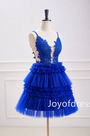 Plunging Neck Royal Blue Corset A-Line Tiered Short Party Dress