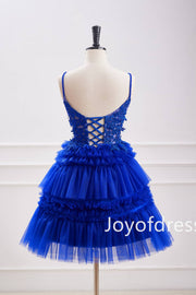 Plunging Neck Royal Blue Corset A-Line Tiered Short Party Dress