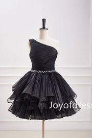 One Shoulder Black Beaded Organza A-Line Ruffle Short Dress