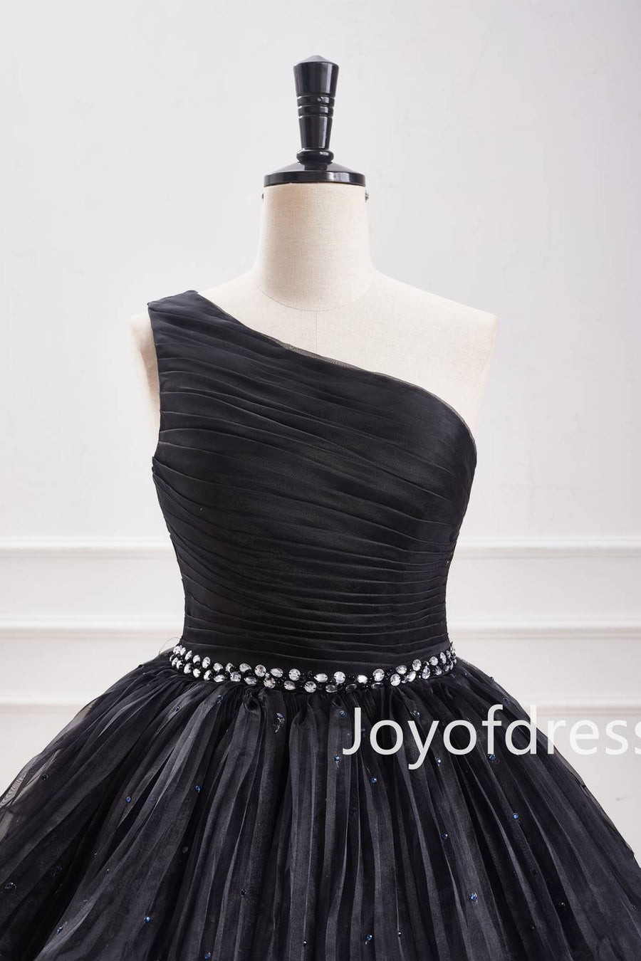 One Shoulder Black Beaded Organza A-Line Ruffle Short Dress