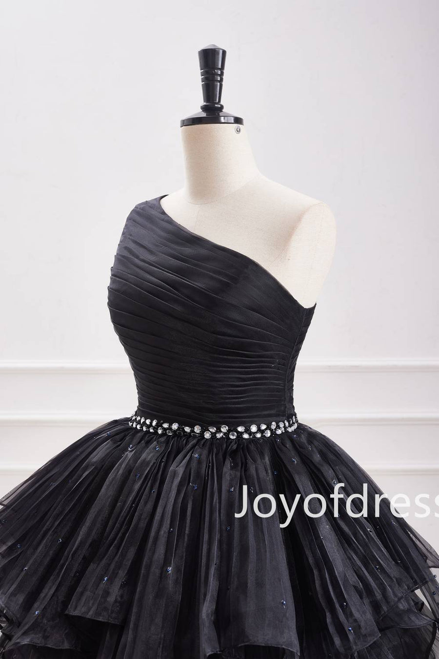 One Shoulder Black Beaded Organza A-Line Ruffle Short Dress