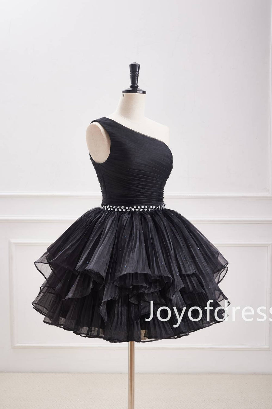 One Shoulder Black Beaded Organza A-Line Ruffle Short Dress