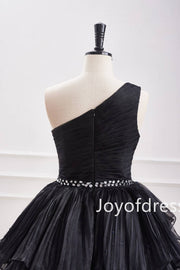 One Shoulder Black Beaded Organza A-Line Ruffle Short Dress