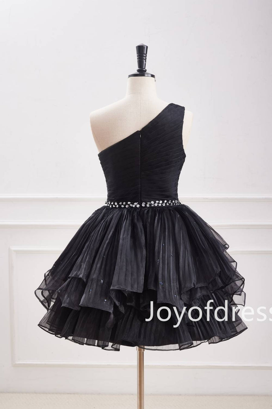 One Shoulder Black Beaded Organza A-Line Ruffle Short Dress