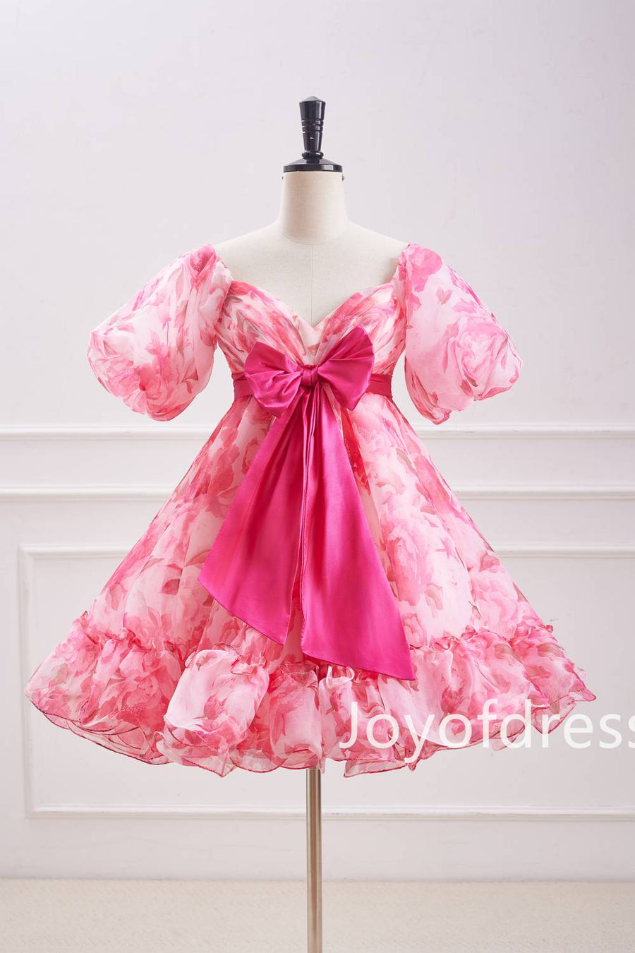 Pink Puff Sleeves Floral Ruffle Short Homecoming Dress with Bow Pink / US 12 Pink Puff Sleeves Floral Ruffle Short Homecoming Dress with Bow Pink / US 12