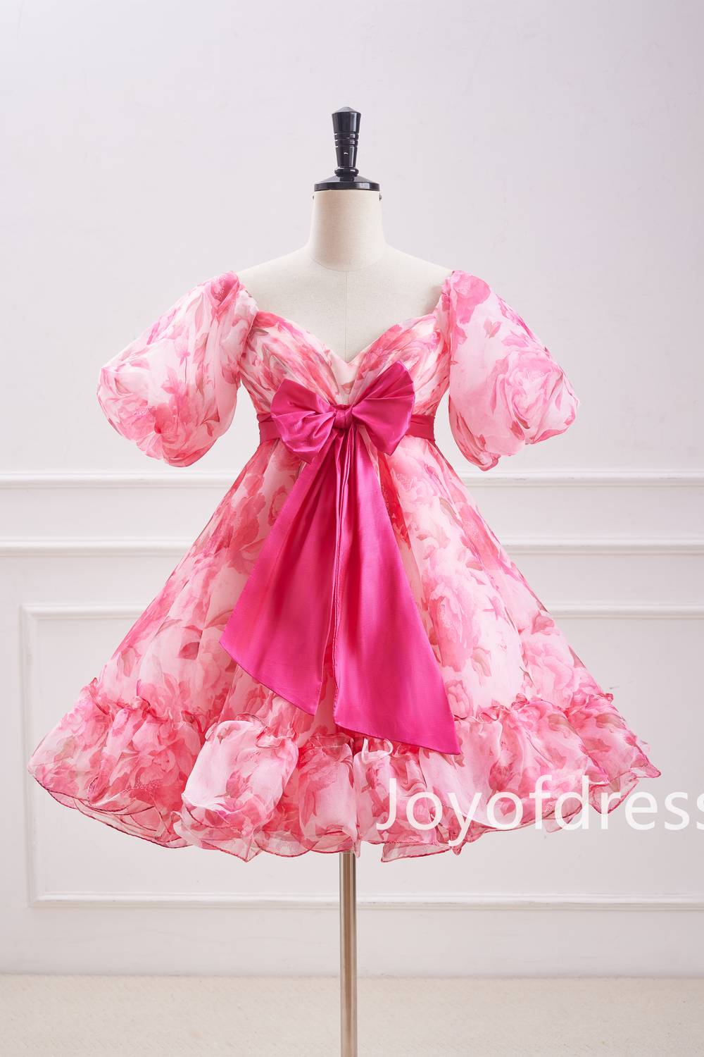 strapless open back dress Pink Puff Sleeves Floral Ruffle Short Homecoming Dress with Bow