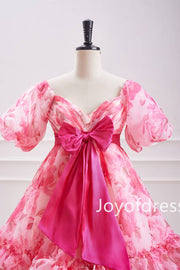 Pink Puff Sleeves Floral Ruffle Short Homecoming Dress with Bow