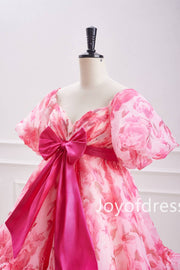 Pink Puff Sleeves Floral Ruffle Short Homecoming Dress with Bow