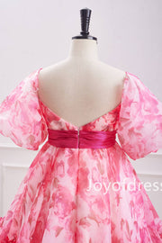 Pink Puff Sleeves Floral Ruffle Short Homecoming Dress with Bow