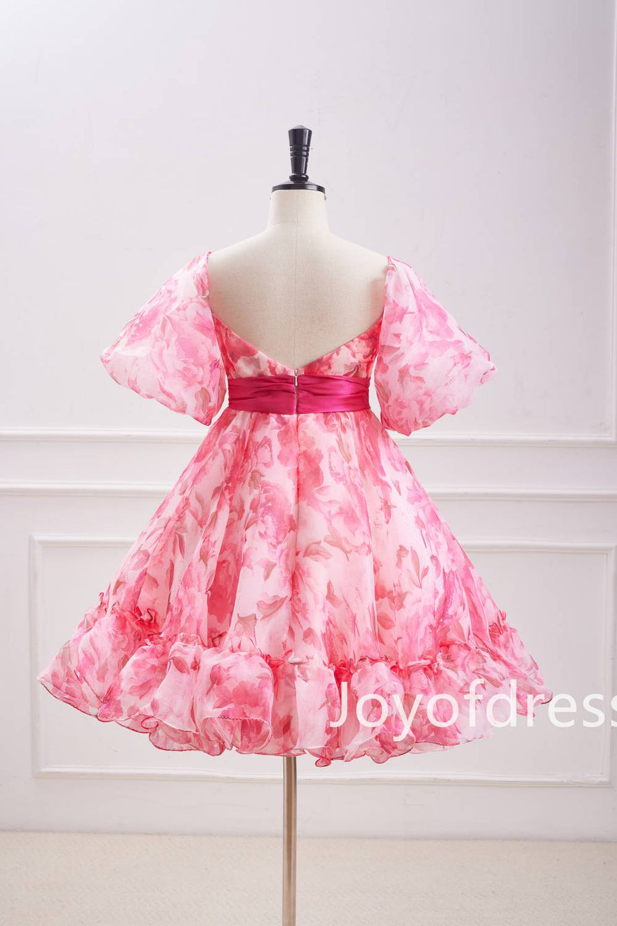 Pink Puff Sleeves Floral Ruffle Short Homecoming Dress with Bow | Joyofdress Pink Puff Sleeves Floral Ruffle Short Homecoming Dress with Bow | Joyofdress