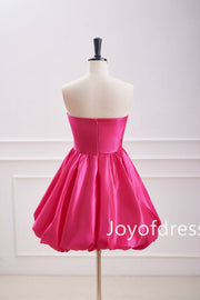 Cute A-Line Strapless Fuchsia Pleated Short Dress