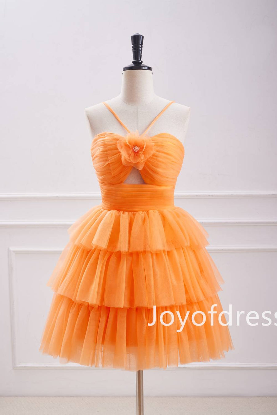 Straps Orange Keyhole Pleated Layered Short Homecoming Dress