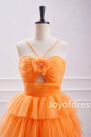 Straps Orange Keyhole Pleated Layered Short Homecoming Dress