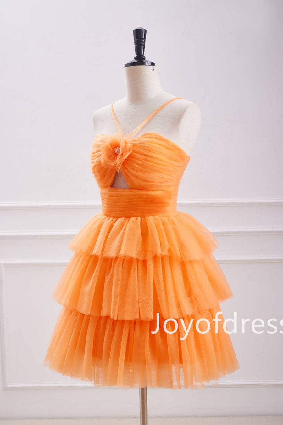 Straps Orange Keyhole Pleated Layered Short Homecoming Dress