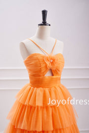 Straps Orange Keyhole Pleated Layered Short Homecoming Dress