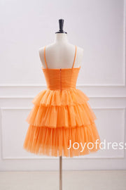 Straps Orange Keyhole Pleated Layered Short Homecoming Dress