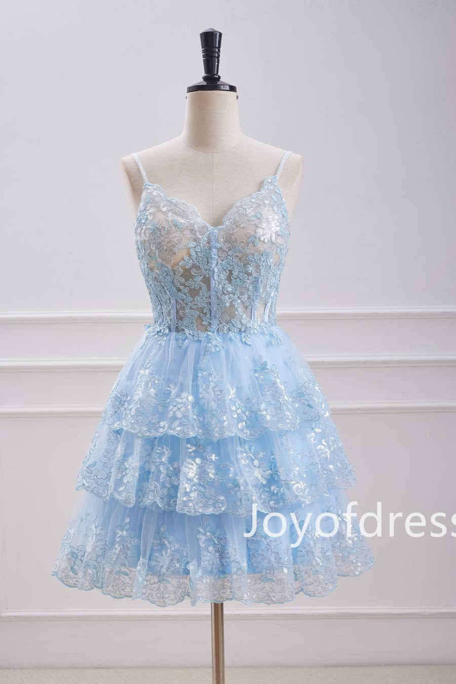 Straps Light Blue Corset Sequin Appliques Ruffle Homecoming Dress