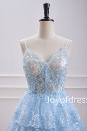 Straps Light Blue Corset Sequin Appliques Ruffle Homecoming Dress