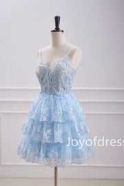 Straps Light Blue Corset Sequin Appliques Ruffle Homecoming Dress