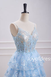 Straps Light Blue Corset Sequin Appliques Ruffle Homecoming Dress