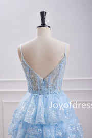 Straps Light Blue Corset Sequin Appliques Ruffle Homecoming Dress