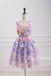 Princess Bow Straps Lavender 3D Flowers Short Homecoming Dress