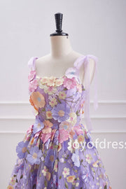 Princess Bow Straps Lavender 3D Flowers Short Homecoming Dress