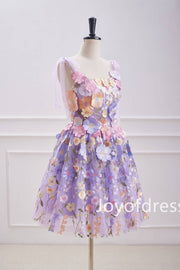 Princess Bow Straps Lavender 3D Flowers Short Homecoming Dress