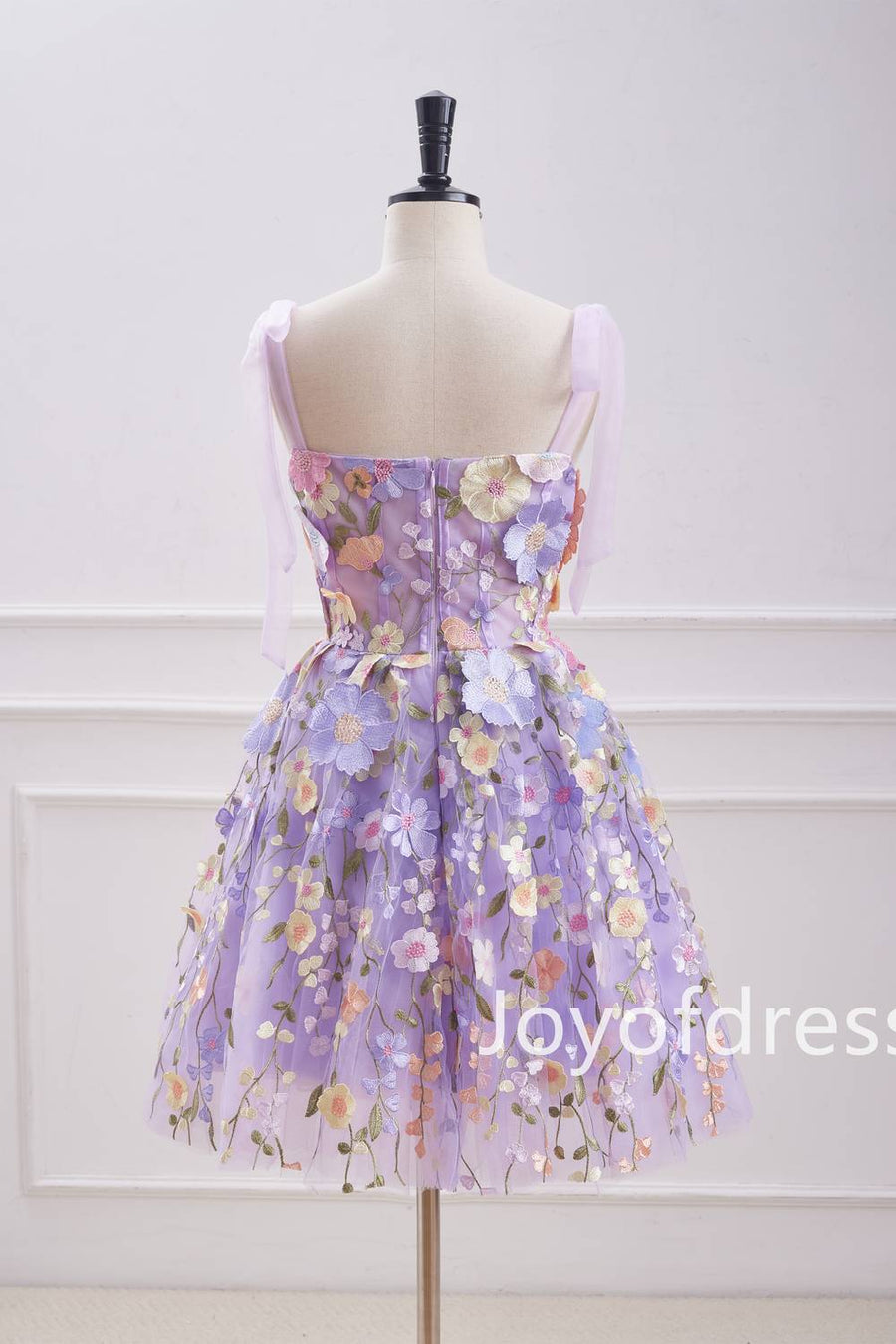 Princess Bow Straps Lavender 3D Flowers Short Homecoming Dress