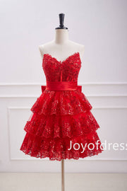 Strapless V-Neck Red Tiered Short Party Dress with Appliques