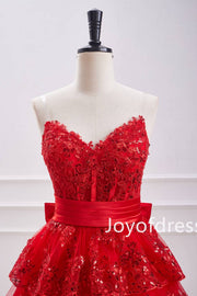 Strapless V-Neck Red Tiered Short Party Dress with Appliques