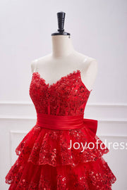 Strapless V-Neck Red Tiered Short Party Dress with Appliques