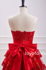 Strapless V-Neck Red Tiered Short Party Dress with Appliques